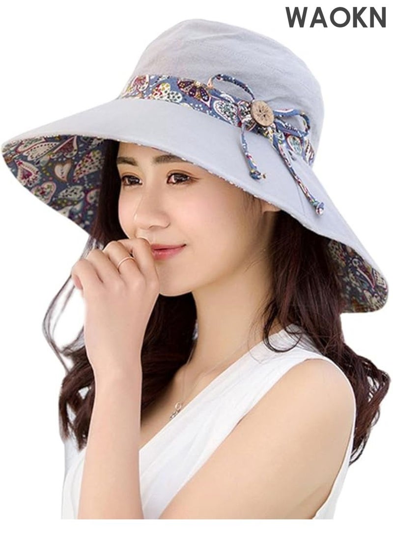 WAOKN Women Sun Hat , UPF50+ Summer Foldable Beach Reversible Hat , Outdoor Wide Brim Cap , Double-sided usable , Fashionable and versatile , suitable for travel , seaside , shopping , camping , unisex ,  grey. - Image 2